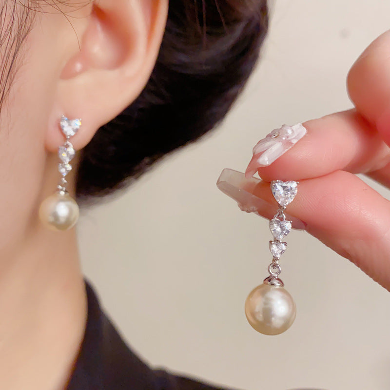 Elegant Zircon Heart Pearl Tassel Drop Earrings – Romantic Design