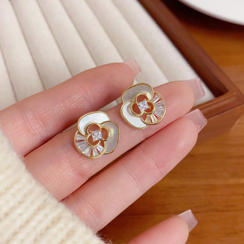 Elegant Shell Camellia Stud Earrings – Refined Floral Design