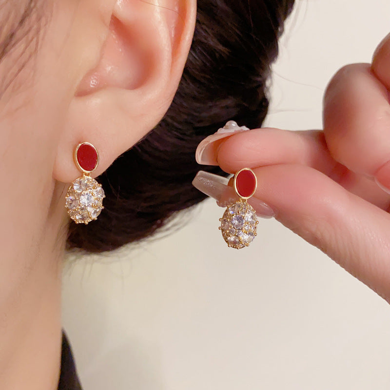 14K Gold-Plated Red Full Zircon Oval Drop Earrings - Elegant Sparkle