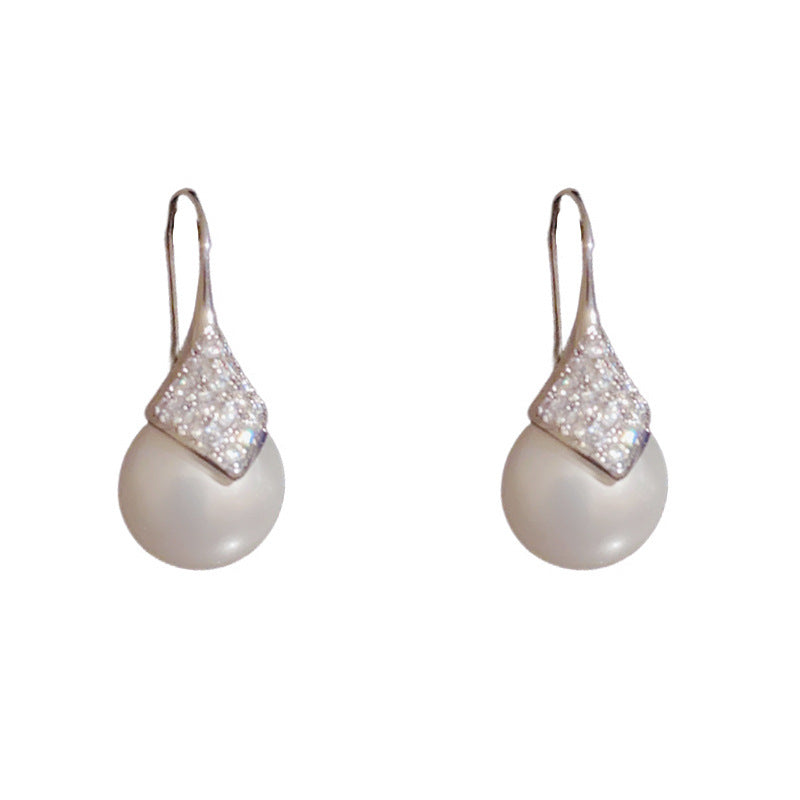 Elegant Zircon Diamond Pearl Ear Hook Earrings – Geometric Design