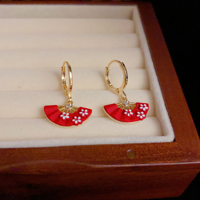 14K Gold-Plated Red Fan Spray Earrings - Chic Japanese Design