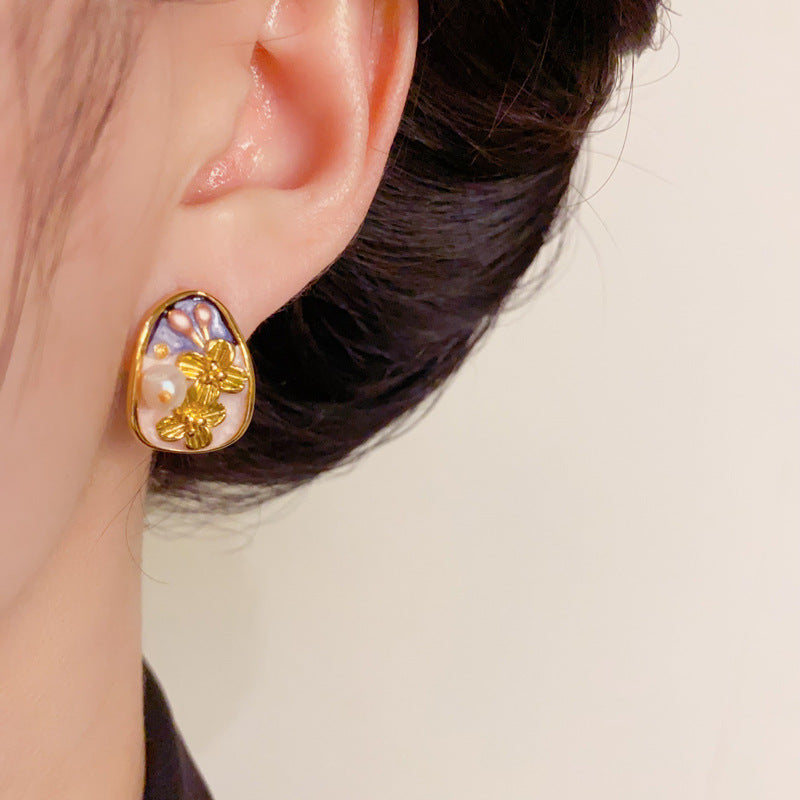 Elegant Colorful Enamel Pearl Petal Stud Earrings –  Floral Design