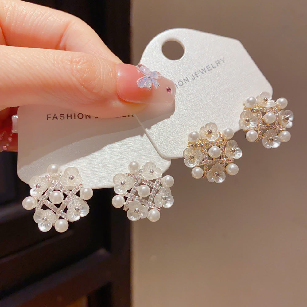 Eaioncol Floral Pearl CZ Petal Stud Earrings Gold Silver