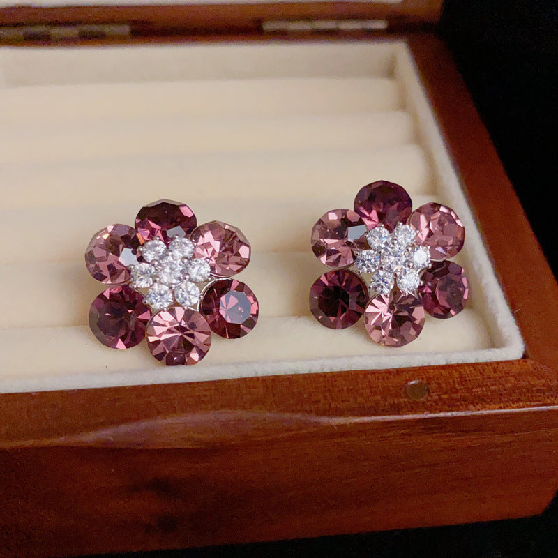 14K Gold-Plated Purple Zircon Flower Stud Earrings - Elegant Luxury