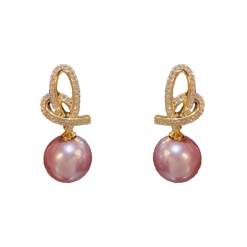 14K Gold-Plated Zircon Heart Purple Pearl Drop Earrings -Vintage Style