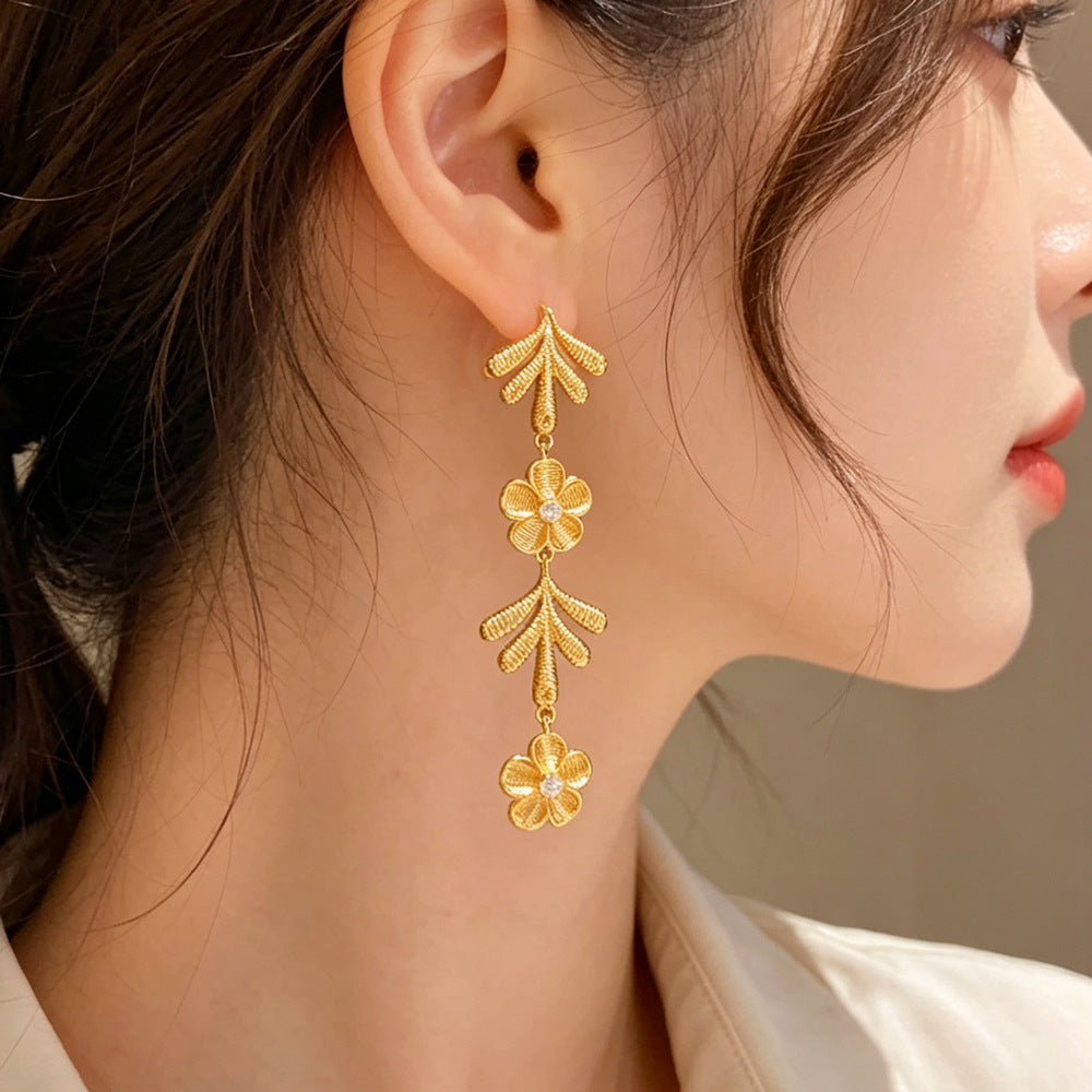 Eaioncol Floral Petal Tassel Drop Earrings 18K Gold Plated