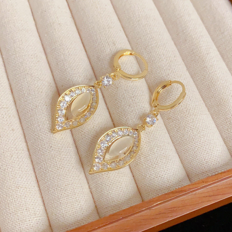 Eaioncol Leaf Tassel CZ Huggie Earrings Gold