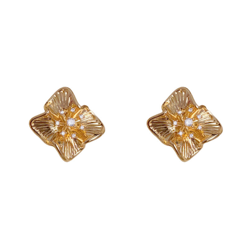 Luxury Zircon Metal Petal Stud Earrings – Floral Design