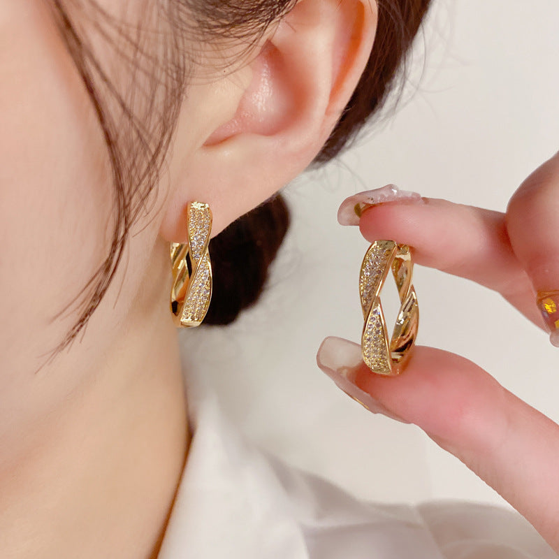 14K Gold-Plated Zircon Twisted Earrings - Elegant Geometric Studs