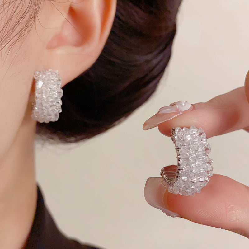Luxury Crystal C-Shape Hoop Earrings – Elegant Minimalist Design