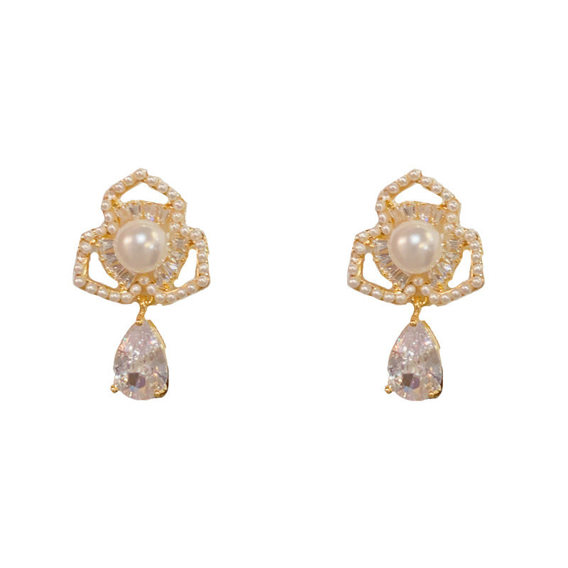 Elegant Zircon Pearl Petal Teardrop Drop Earrings – Floral Design