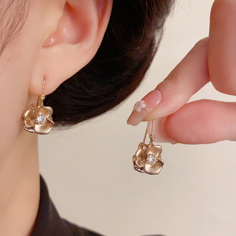 Luxury Zircon Coffee Double-Sided Petal Drop Earrings – Retro Design