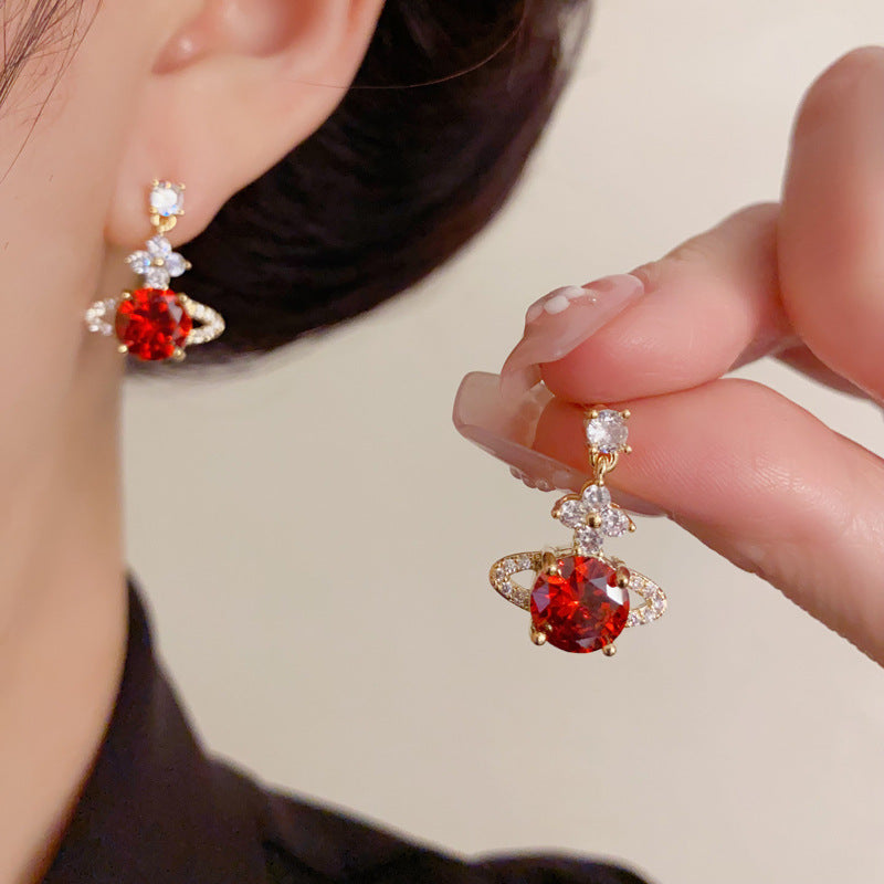 Luxury Zircon Saturn Planet Drop Earrings – Elegant Cosmic Design