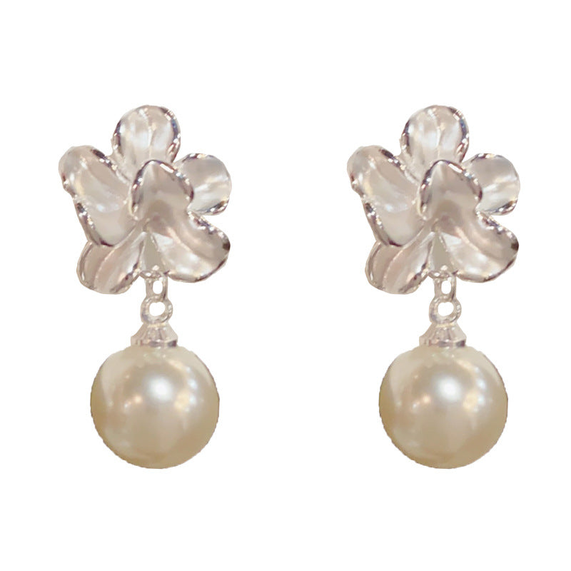 Eaioncol Floral Petal Pearl Drop Earrings Silver