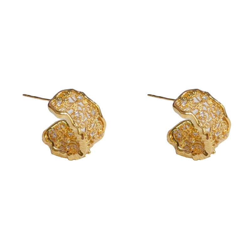 Elegant Irregular Hollow Metal C-Hoop Earrings – French Retro Design