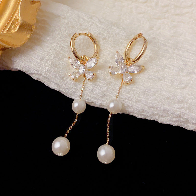 Luxury Zircon Butterfly Pearl Tassel Earrings – Elegant Design