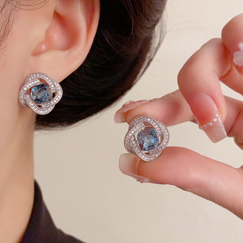 Luxury Zircon Halo Blue Diamond Stud Earrings – French Elegant Design