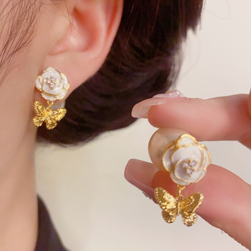 Sweet Flower & Butterfly Tassel Pearl Earrings – S925 Silver Needle