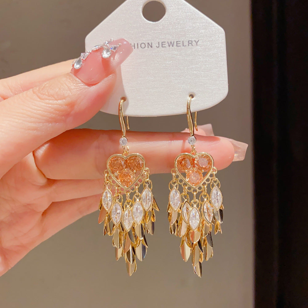 Eaioncol Heart Leaf CZ Tassel Ear Hooks 14K Gold Plated