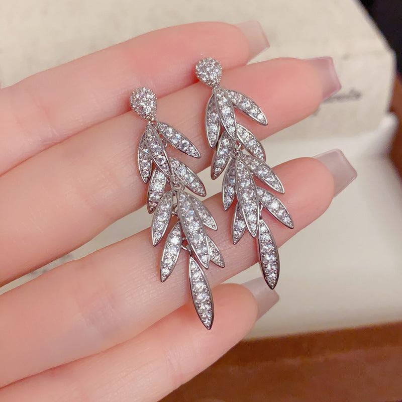 Elegant Zircon Wheat Spike Tassel Earrings – Micro-Pavé French Design