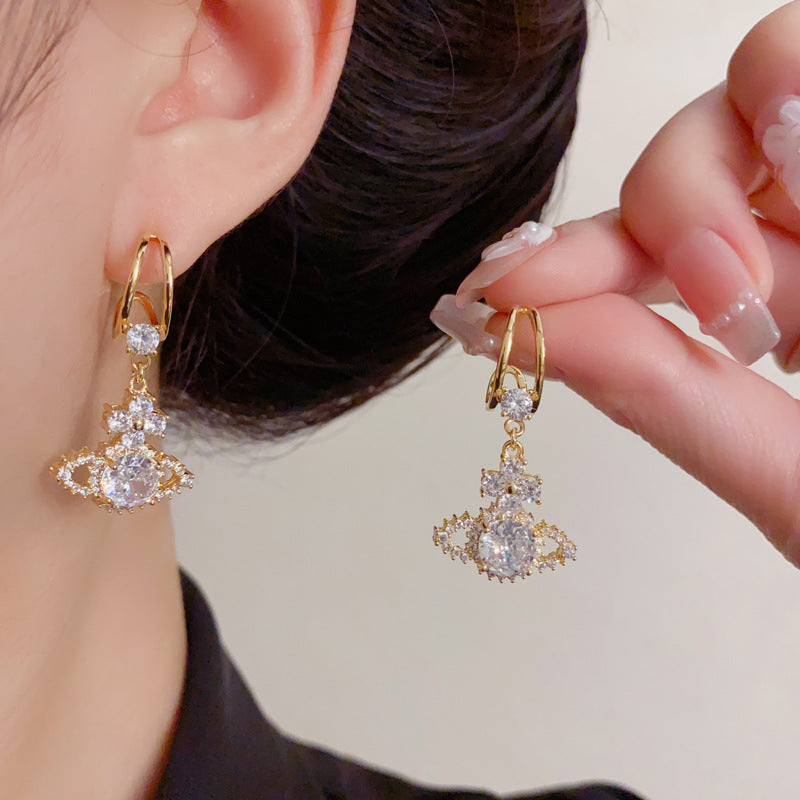 Full Pave Rhinestone Saturn Tassel Drop Earrings – Elegant Design