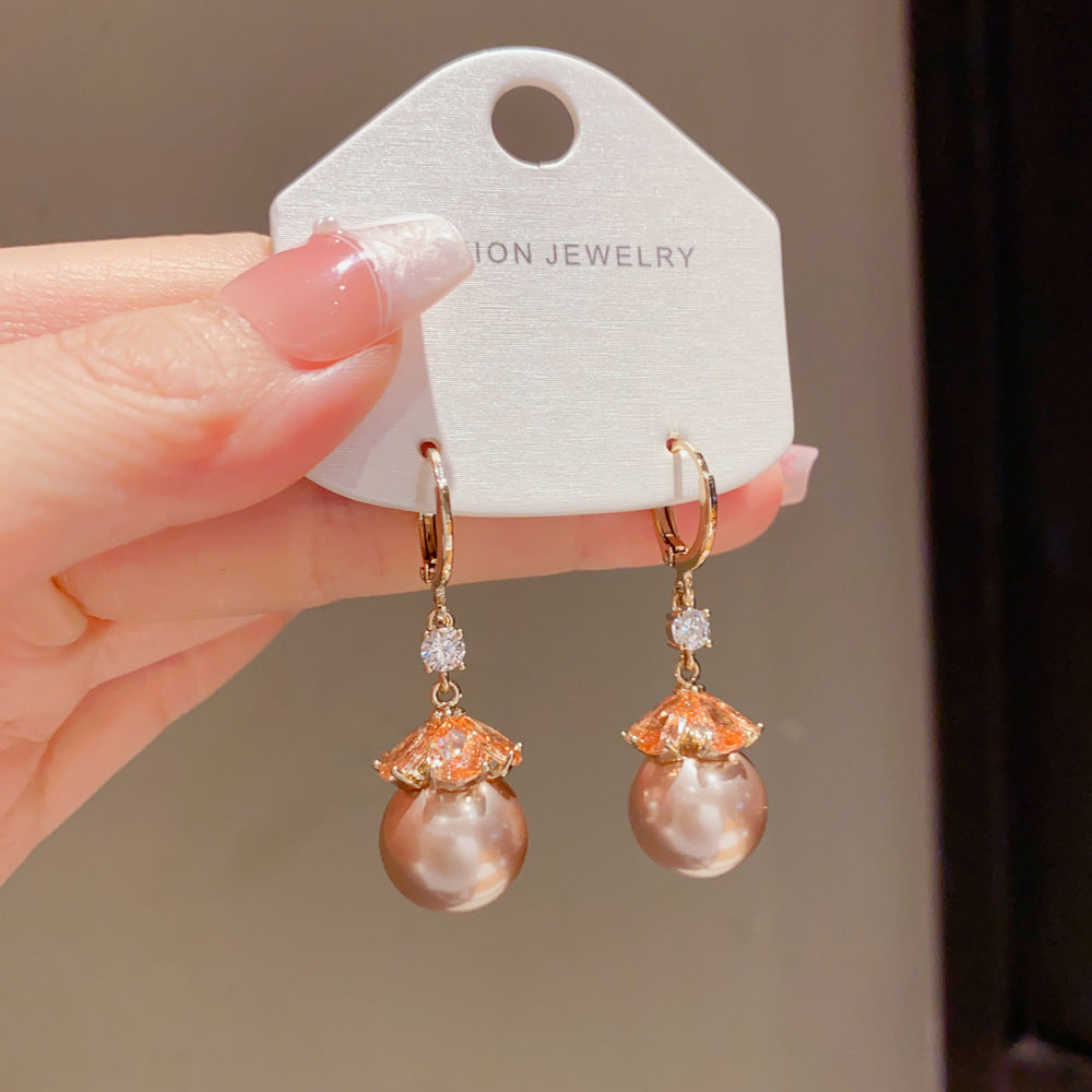 Eaioncol Coffee Gold CZ Petal Pearl Drop Earrings