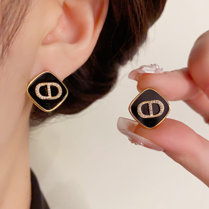 14K Gold-Plated Black D Letter Crystal Earrings-Chic Minimalist Design