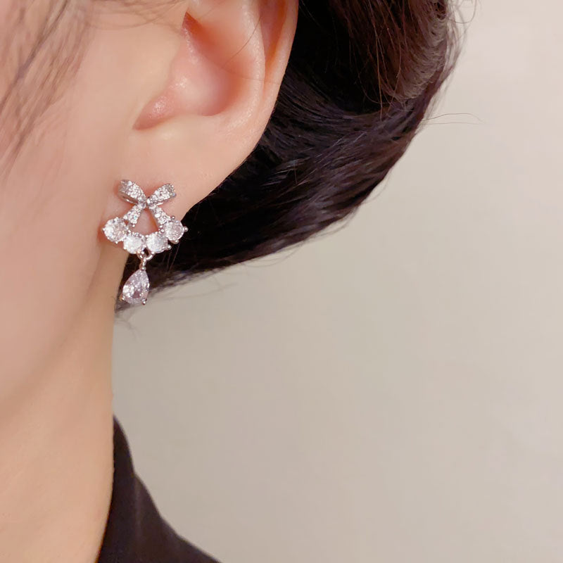 Elegant Zircon Bow Teardrop Drop Earrings – French Minimalist Design