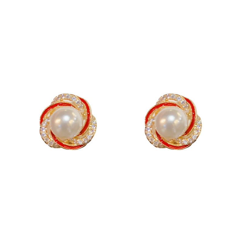 14K Gold-Plated Red Zircon Pearl Stud Earrings - Elegant Design