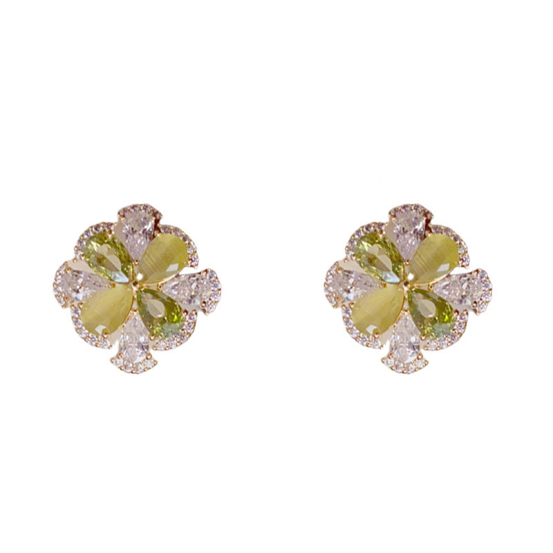 14K Gold Full-Zircon Crystal Petal Stud Earrings – S925 Silver Needle