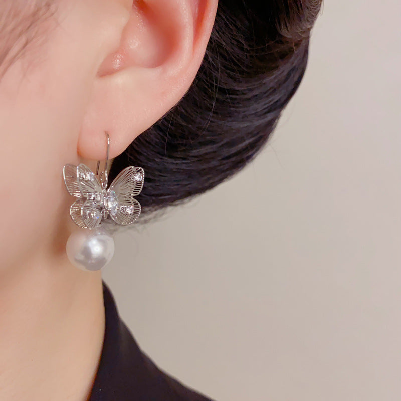 Gold Butterfly Pearl Ear Hooks – Dainty Work Earrings