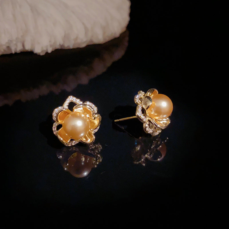 14K Gold-Plated Caramel Zircon Pearl Flower Earrings - Elegant Design