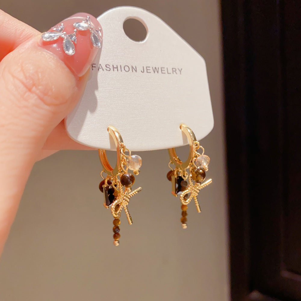 Eaioncol Bow Tiger Eye Tassel Hoop Earrings 14K Gold Plated