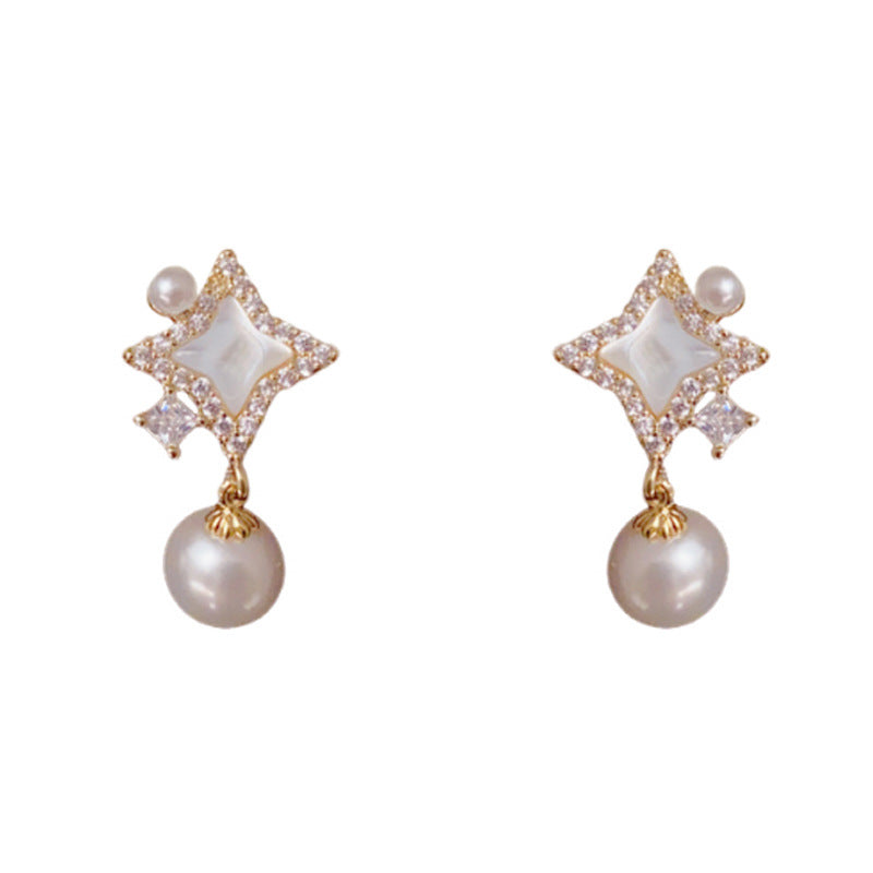 Luxury Mother-of-Pearl Star & Pearl Drop Earrings – Elegant Design