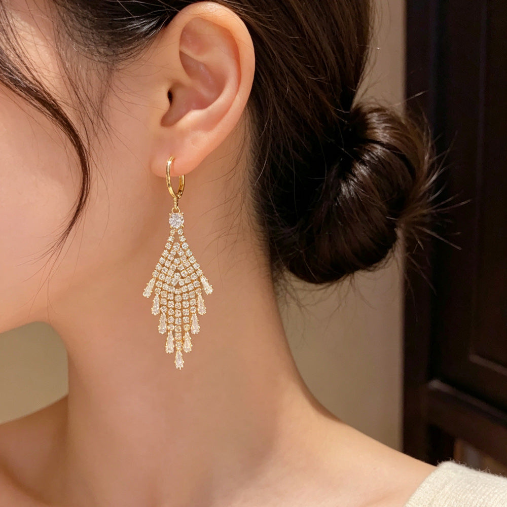 Eaioncol Full CZ Geometric Tassel Drop Earrings Gold