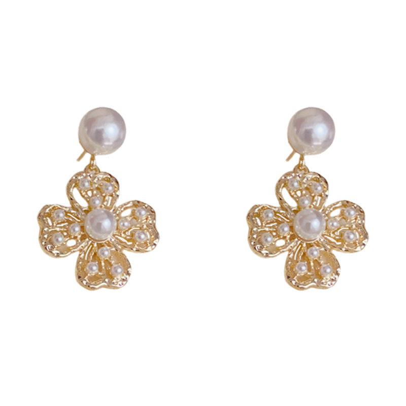 Luxury Pearl & Hollow Four-Leaf Flower Drop Earrings – Floral Design