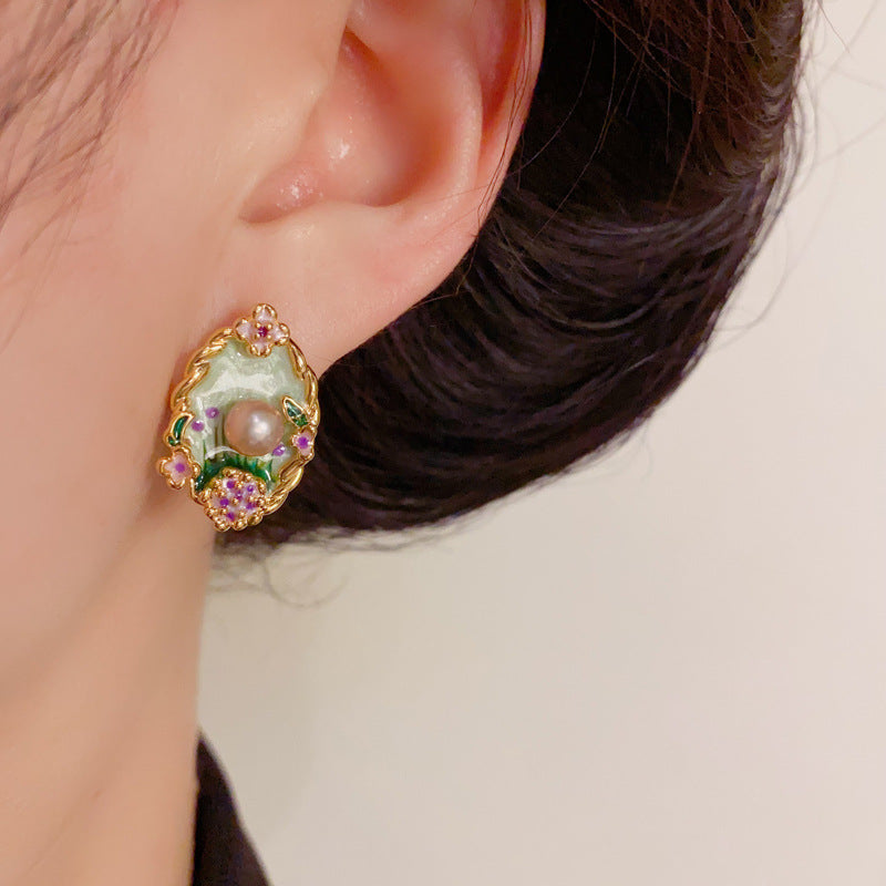 Colorful Enamel Petal & Pearl Stud Gold Earrings – Elegant Design