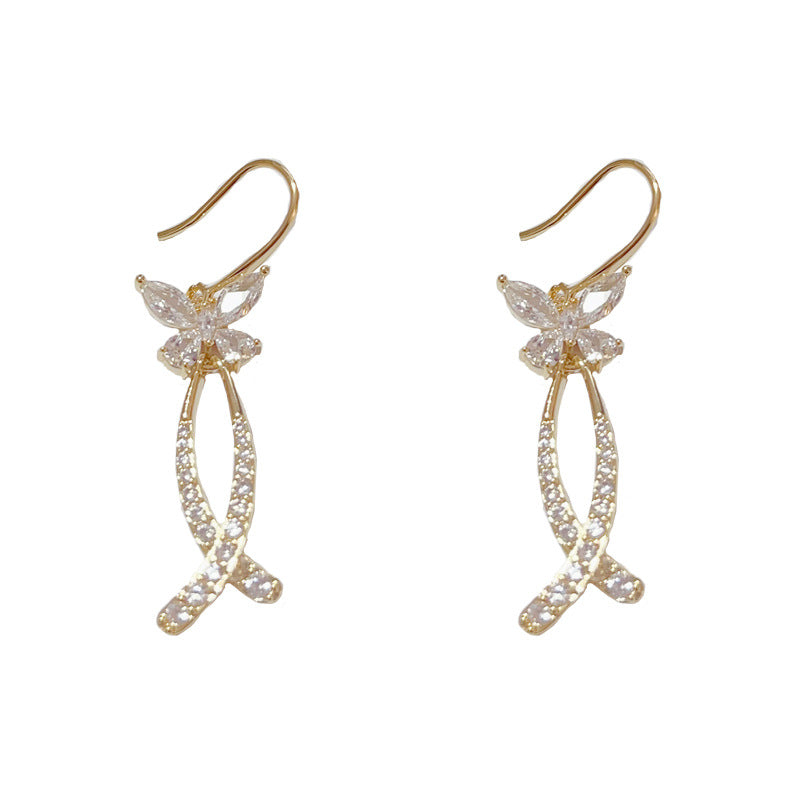 14K Gold-Plated Zircon Butterfly Cross Tassel Earrings-Elegant Sparkle