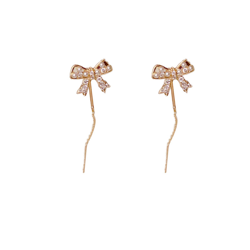 14K Gold-Plated Bow Tassel Threader Earrings - Long Drop Design