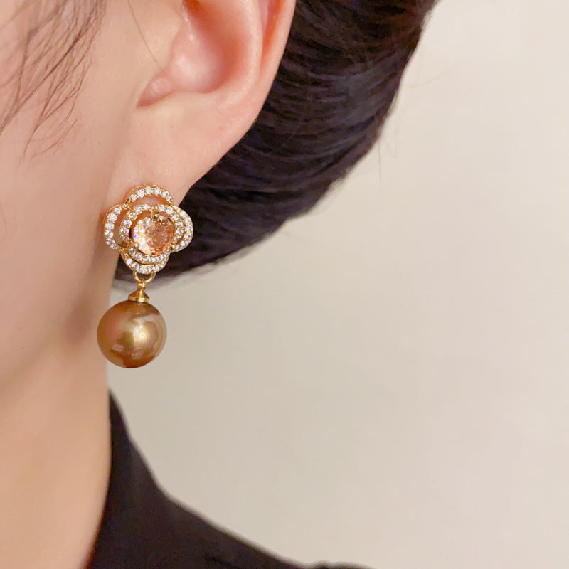 Luxury Zircon Petal Pearl Drop Earrings – French Floral Design