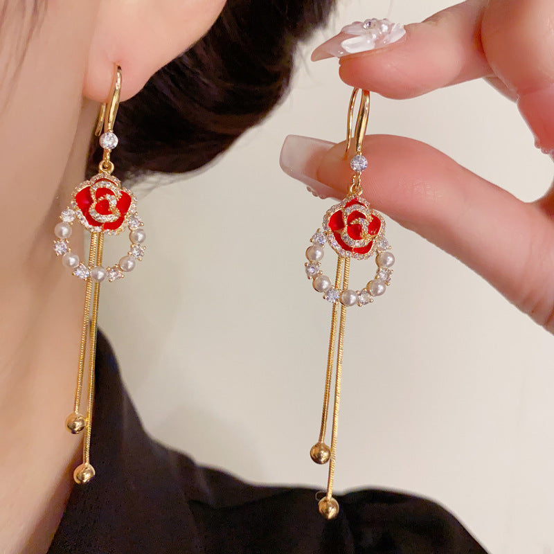 14K Gold-Plated Red Camellia Circle Tassel Earrings - Elegant Design