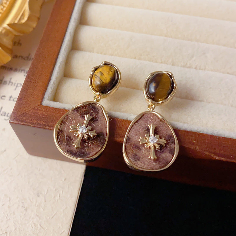 Elegant Tiger’s Eye Leopard Geometric Drop Earrings – French Design