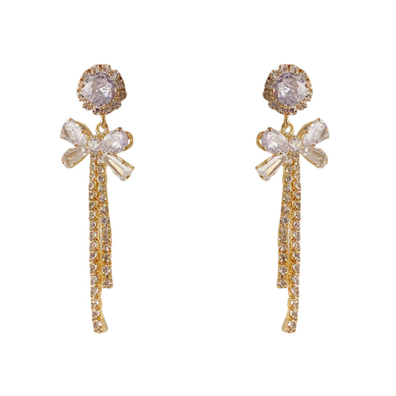 Luxury Full-Zircon Bow Tassel Drop Earrings – Elegant Design