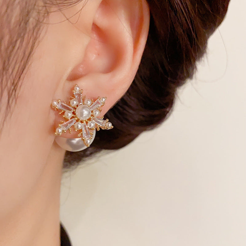 14K Gold-Plated Pearl & Zircon Snowflake Front&Back Earrings -Elegance