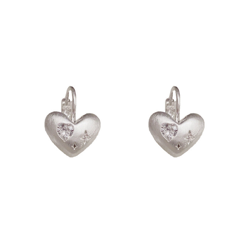 S925 Silver Heart Earrings - Stylish Minimalist Brushed Metal Hoops