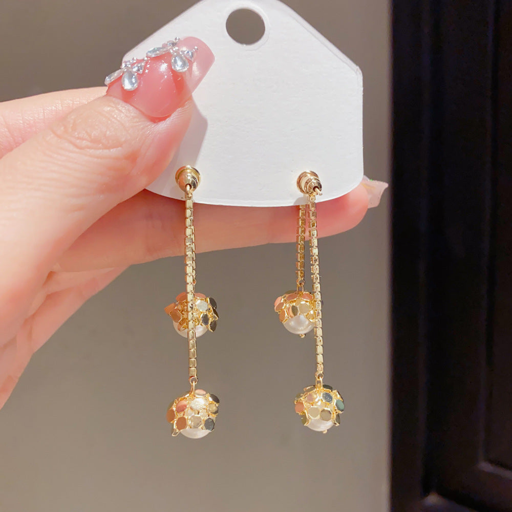 Eaioncol Two-Way Pearl Geometric Tassel Earrings Gold Silver