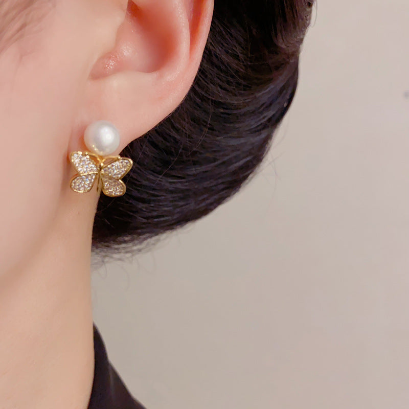 Eaioncol Butterfly Pearl CZ Stud Earrings Gold