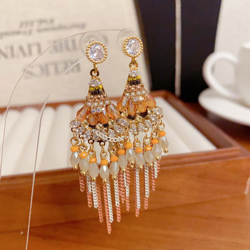 Elegant Beaded Geometric Tassel Drop Earrings – French Retro Design