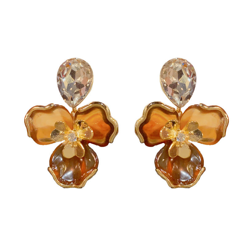 14K Gold-Plated Caramel Amber Three-Petal Flower Earrings -Minimalist