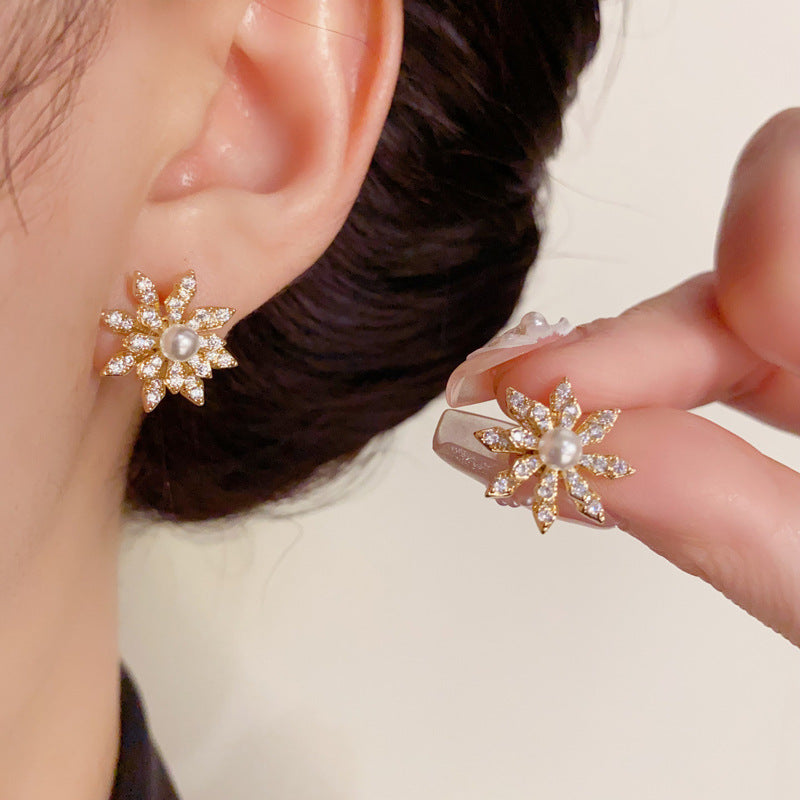 14K Gold-Plated Zircon Rotating Snowflake Earrings - Floral Design